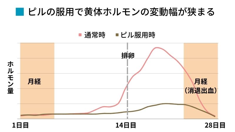 ピルの服用で黄体ホルモンの変動幅が狭まる