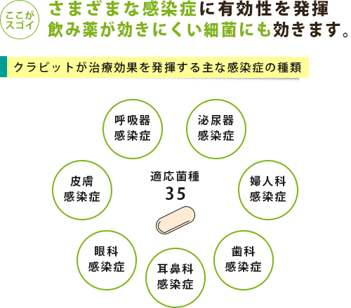 クラビットは35種類の菌種に適応しておりさまざまな感染症の治療に使われる
