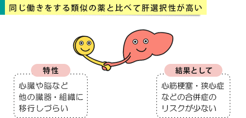 他のスタチン系製剤と比べて集中的に肝臓で作用する特性がある